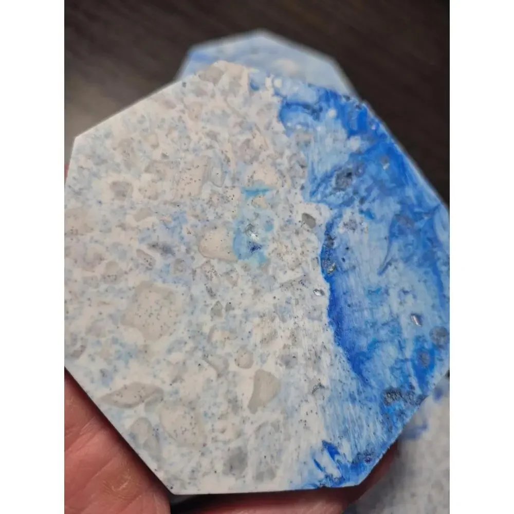 4 White/Blue/Gray Marbled Eco Resin Stone Look Hexagon Coasters 3 5/8” Handmade